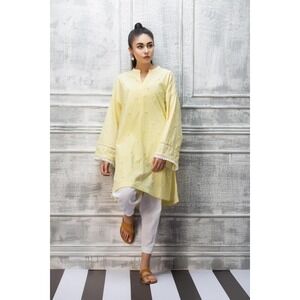 Hina‎ Mirza Embroidered Tunic Top Womens Large Yellow Floral Pearl Lace Trim